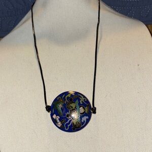 Elegant Blue and Gold Cloisonné Pendant Necklace on a leather string